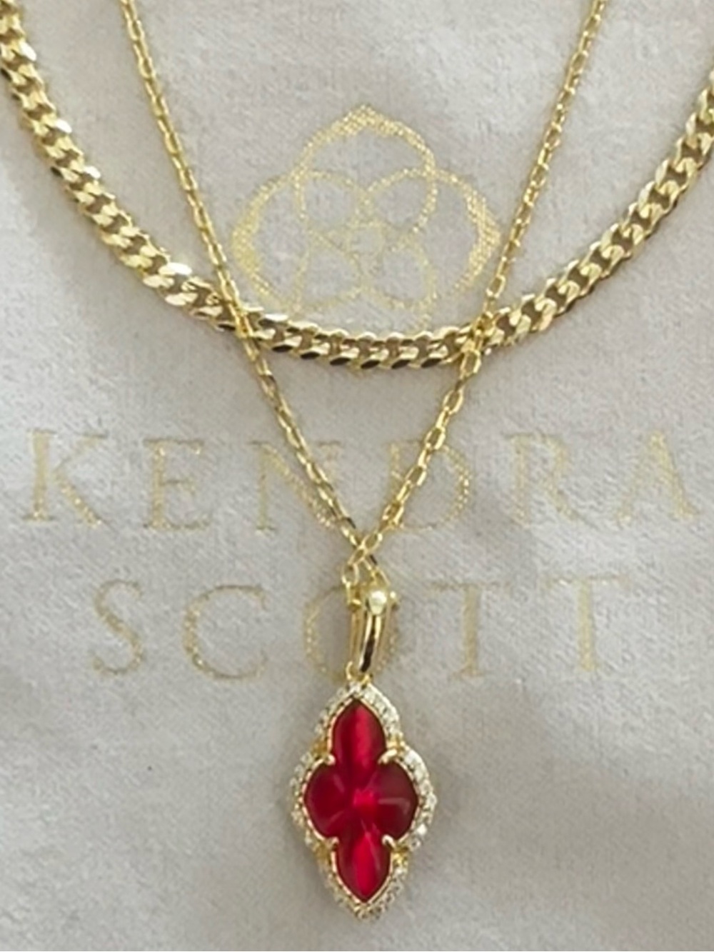 Kendra Scott Gold Necklace with Red Quatrefoil Pendant